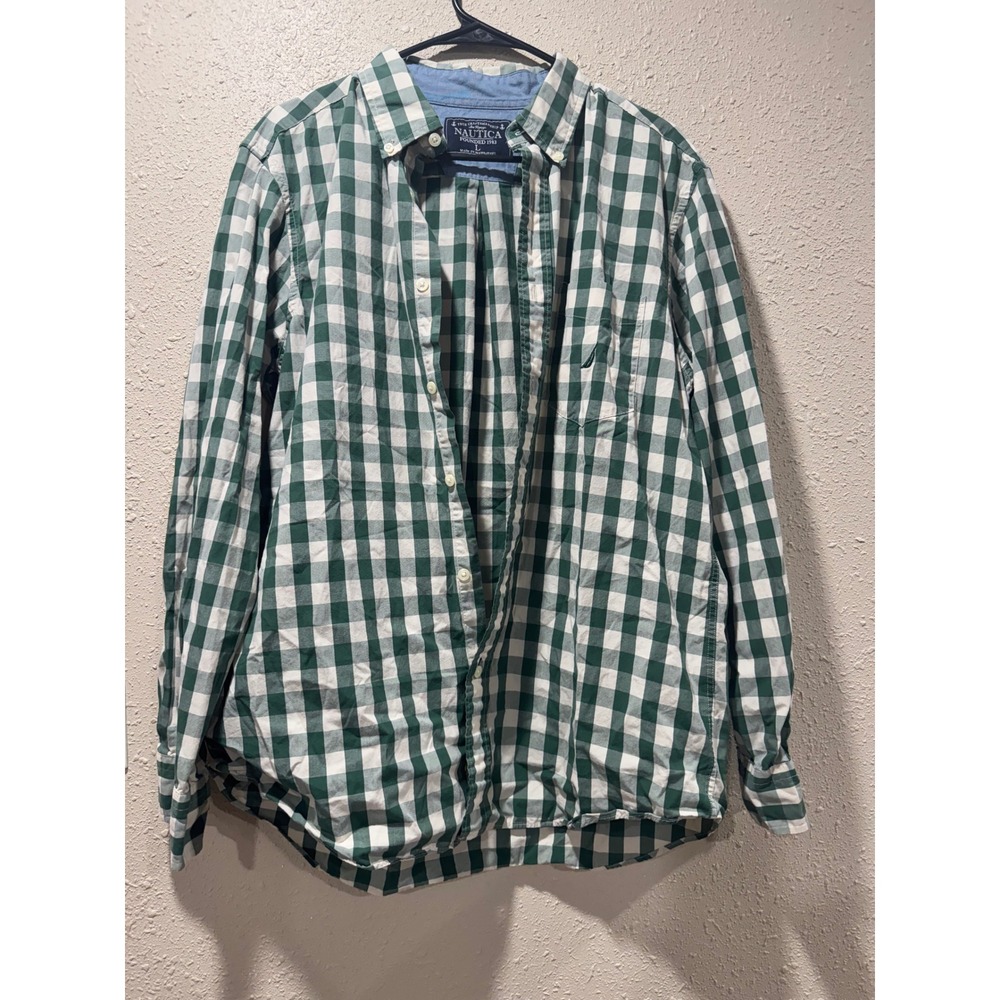 Nautica Mens Large Green White Gingham Plaid Long Sleeve Button Down Shirt L
